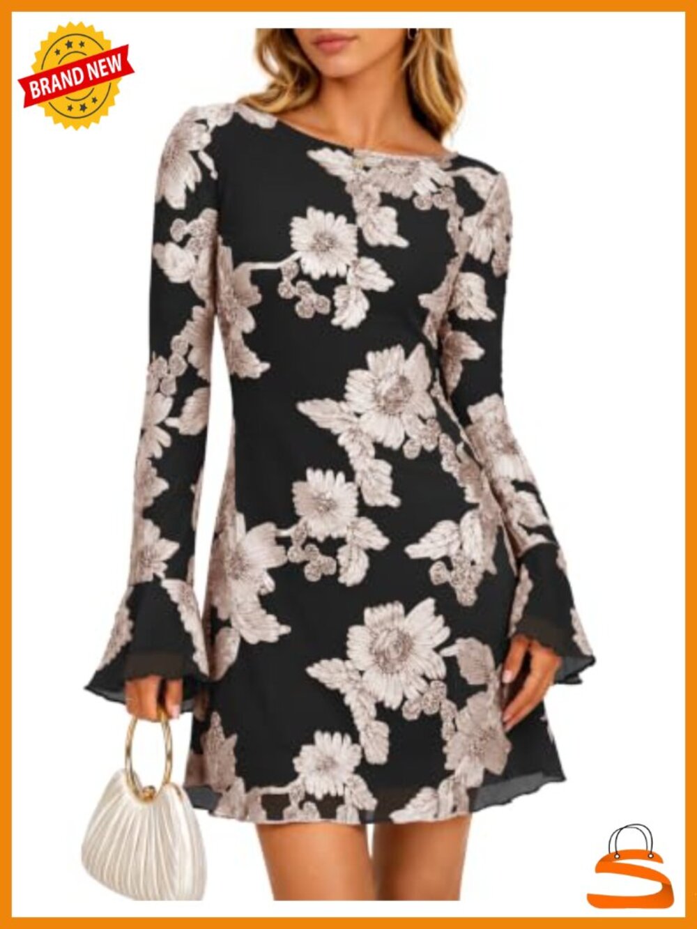 3D Embroidered Floral Mesh Mini Dress Ruffled Long Sleeve Boat Neck